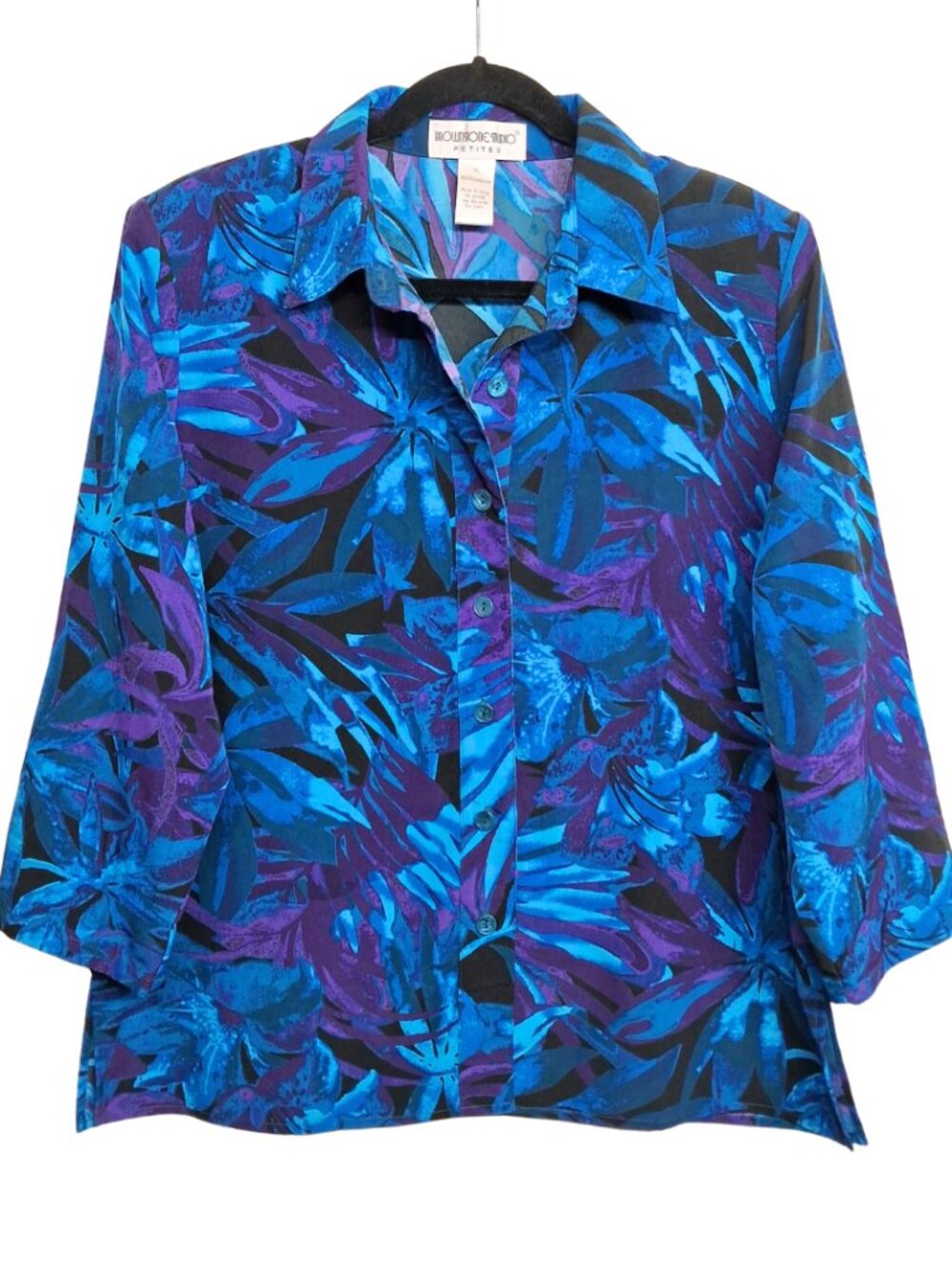 VTG BROWNSTONE STUDIO PETITES Floral Button Up Top Blue Purple Print P Large